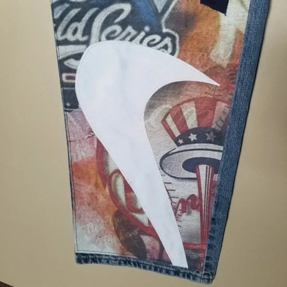 Levi's Low Rise Straight Patchwork Yankees  Baseball Nike White Red NY 34 - Picture 13 of 13